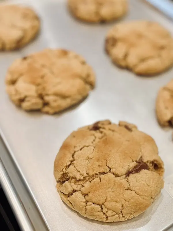 A pan of cookies sitting on top of a metal tray.