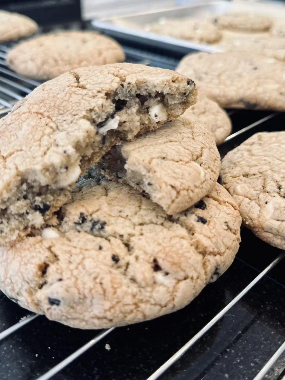 A close up of cookies on the grill