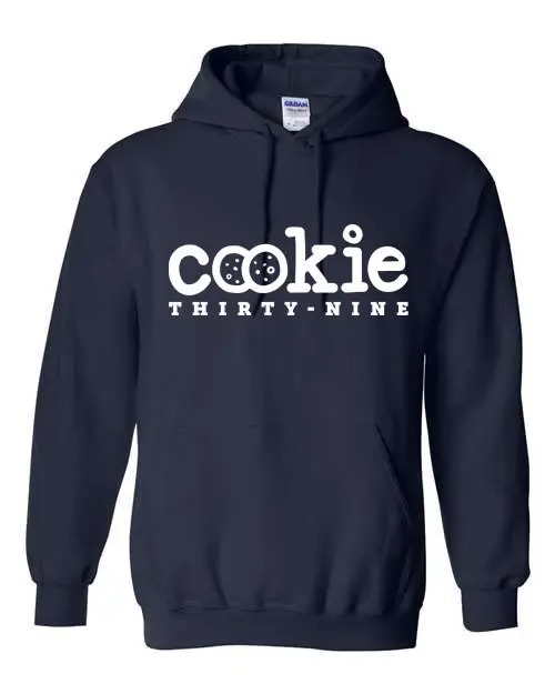 A black hoodie with the words cookie thirty nine on it.