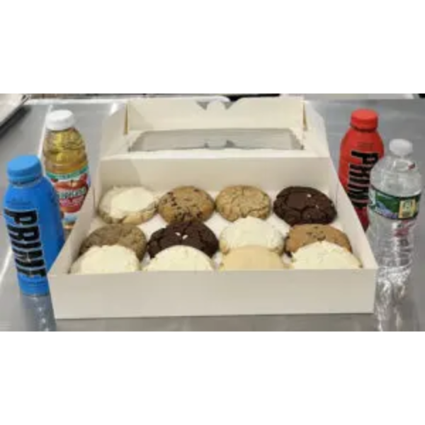 A box of cookies and ice cream next to bottles.