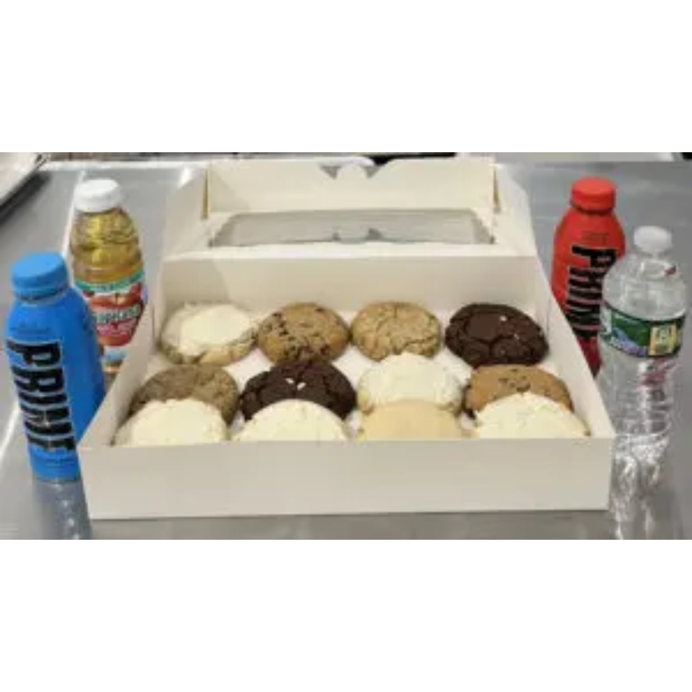 A box of cookies and ice cream next to bottles.